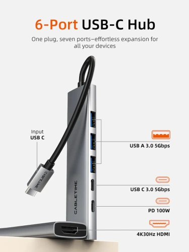USB концентратор CABLETIME HB01G (CT-HBP1-AG6) 6-в-1 с HDMI, 100W PD для MacBook Pro/Air - Gray фото 8