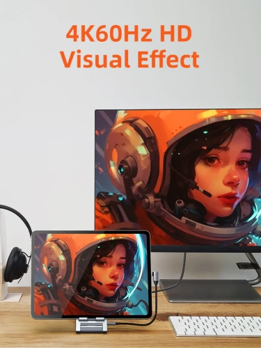 Док-станция для телефона/планшета USB CABLETIME CB04G (CT-HUBC6-AG) 8-в-1, USB-хаб со складной подставкой, с 4K HDMI, SD/TF, 100W Power Delivery фото 2