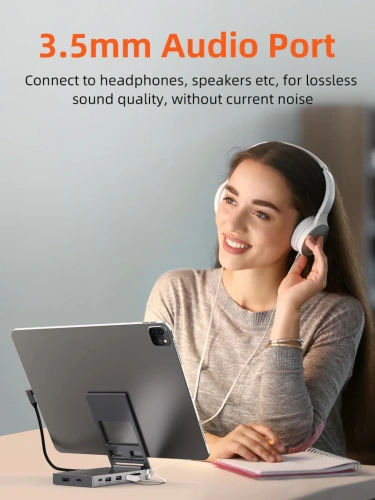 Док-станция для телефона/планшета USB CABLETIME CB04G (CT-HUBC6-AG) 8-в-1, USB-хаб со складной подставкой, с 4K HDMI, SD/TF, 100W Power Delivery фото 6