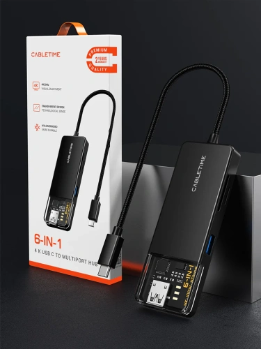 Док-станция CABLETIME CB04B (CT-HUBT4-PB) 6-в-1 MultiPort Hub, 4K HDMI, 100W Power Delivery, USB-хаб для ноутбука и ПК фото 7
