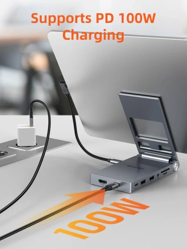 Док-станция для телефона/планшета USB CABLETIME CB04G (CT-HUBC6-AG) 8-в-1, USB-хаб со складной подставкой, с 4K HDMI, SD/TF, 100W Power Delivery фото 4