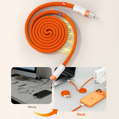 Магнитный плоский кабель CABLETIME CU15H (CT-CM100M-AOW1) 1 м USB-C PD100W оранжевый плетеный фото 3