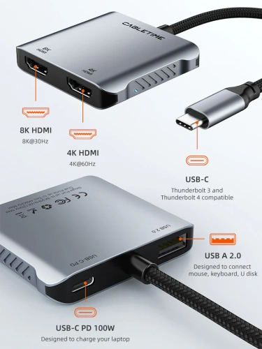 USB-концентратор CABLETIME CB70G (CT-CM2H8K-AG) 4-в-1 USB-C HUB, 8K, Dual 4K HDMI адаптер - Gray фото 4