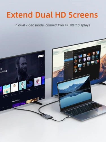 USB-концентратор CABLETIME CB73G (CT-CM2H4K-AG) 4-в-1 USB-C HUB, 4K@60Hz, MST, Dual HDMI адаптер - Gray фото 4