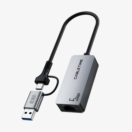 Адаптер CABLETIME CB58G CT-ACML5-AG USB A+C 3.0 — RJ45 5 Гбит/с - Space Grey