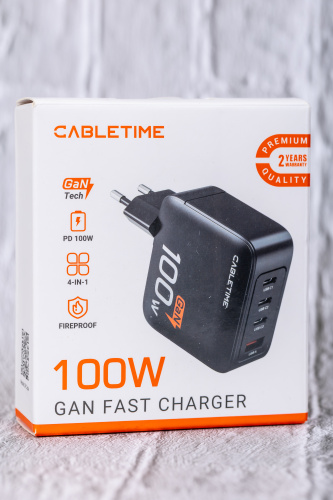Зарядное устройство CABLETIME G100B (CT-GAN100-PB) GaN PD3.0 3C1A 100 Вт, черный фото 7