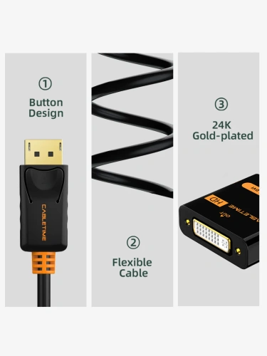 Кабель-адаптер CABLETIME CP24B (CT-AV586-02G-B0.2) DisplayPort - DVI, 1920×1200 и 1080p, черный ПВХ фото 5 Кабель-адаптер CABLETIME CP24B (CT-AV586-02G-B0.2) DisplayPort - DVI, 1920×1200 и 1080p, черный ПВХ фото 5