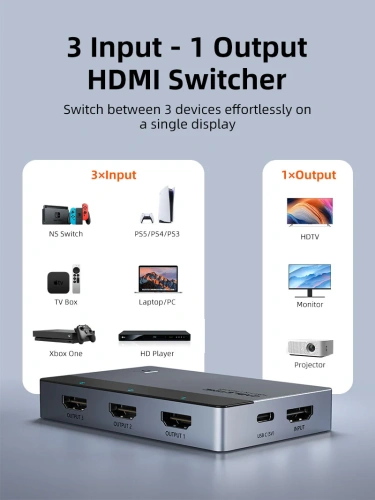 Переключатель CABLETIME CP35G (CT-HS4K3-AG) 3-в-1, HDMI 2.1, 4K@60 Гц, космический серый фото 3