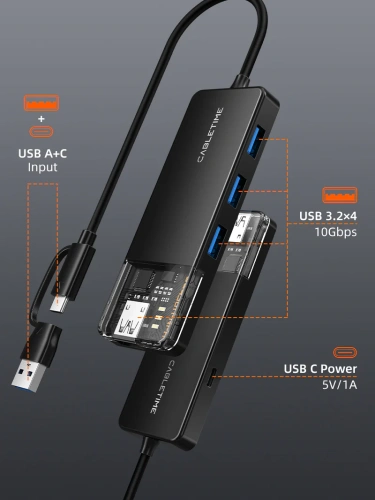 Концентратор CABLETIME CB05B (CT-HUBT5-PB) 4 порта USB-A/C, 10 Гбит/с, 0.2 м, USB-хаб для ноутбука фото 2 Концентратор CABLETIME CB05B (CT-HUBT5-PB) 4 порта USB-A/C, 10 Гбит/с, 0.2 м, USB-хаб для ноутбука фото 2