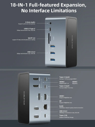 Многопортовая док-станция CABLETIME CB12G (CT-DOCK162-AG) 16-В-2 USB-C (2 × USB-C хост) фото 7