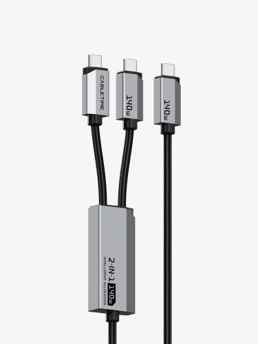 Кабель CABLETIME CU14J (CT-2CM140-AG) 1.5м USB-C на два USB-C 140 Вт черный плетеный