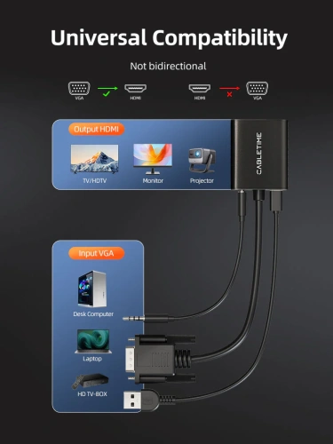 Адаптер CABLETIME CP54B (CT-AV582-VGAH-0.15) VGA-HDMI, черный фото 8 Адаптер CABLETIME CP54B (CT-AV582-VGAH-0.15) VGA-HDMI, черный фото 8