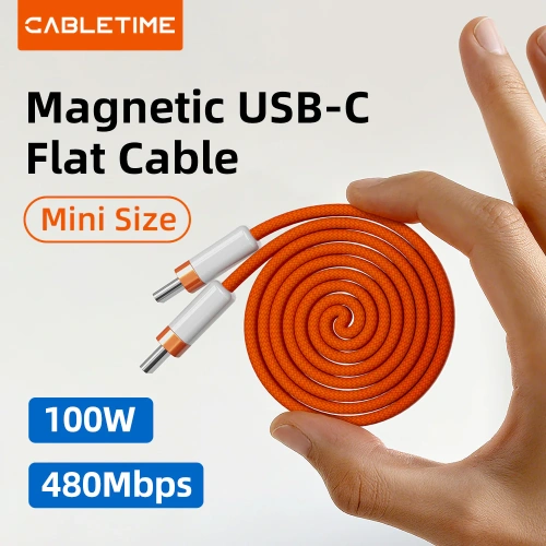 Магнитный плоский кабель CABLETIME CU15H (CT-CM100M-AOW1) 1 м USB-C PD100W оранжевый плетеный фото 6