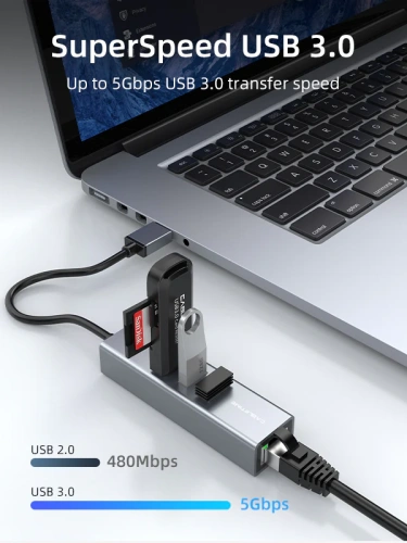 Док-станция CABLETIME CB55G (CT-AMLU3-AG) USB 3.0 3 Port Hub с гигабитным адаптером Ethernet фото 2