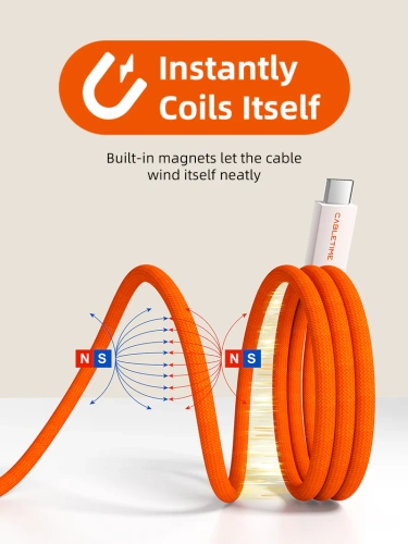 Магнитный кабель CABLETIME CU4WH (CT-CMU4-PW1) 1 м, оранжевый, 40 Гбит/с и 8K@60Hz vide, 240 Вт, для быстрого заряда смартфонов и ноутбуков фото 2