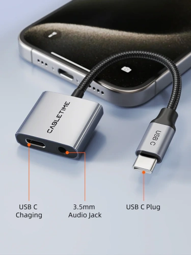 Адаптер CABLETIME CPA1G (CT-CMAC-AG) USB C на 3,5 мм аудио+USB C PD 60 Вт фото 2