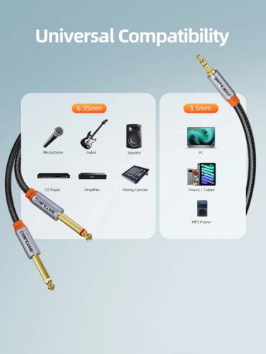 Стерео аудиокабель CABLETIME CF27E (CT-A35D6-AG0.5) 0,5 м, 3,5 мм - 2 6,35 мм - Black Braided фото 6 Стерео аудиокабель CABLETIME CF27E (CT-A35D6-AG0.5) 0,5 м, 3,5 мм - 2 6,35 мм - Black Braided фото 6