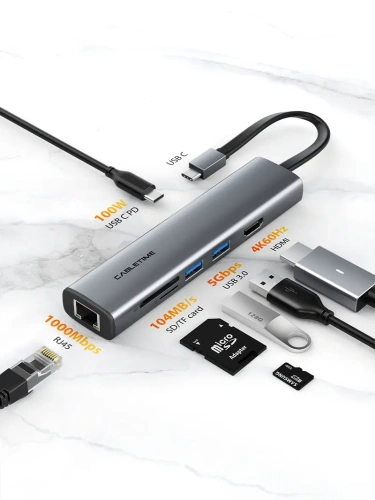 USB-Хаб CABLETIME CB23G (CT-HUBP7-AG) слим 7-в-1 USB C Hub для MacBook Pro фото 6