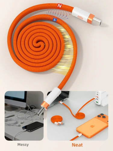 Магнитный плоский кабель CABLETIME CU15H (CT-CM100M-AOW1) 1м USB-C PD100W оранжевый плетеный фото 9
