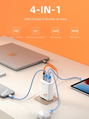 Зарядное устройство CABLETIME G150W (CT-GAN150-PW) 4-в-1 150 Вт GAN USB C, белый фото 3 Зарядное устройство CABLETIME G150W (CT-GAN150-PW) 4-в-1 150 Вт GAN USB C, белый фото 3